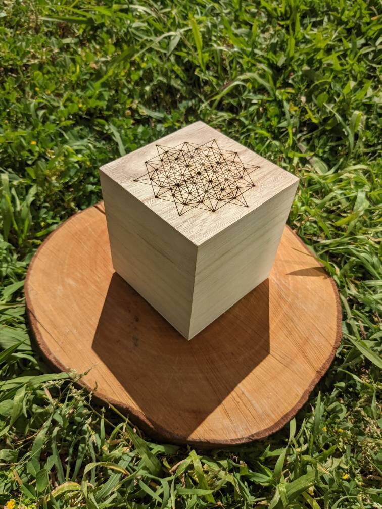 64 Tetrahedron Grid Laser Engraved Cubic Wooden Box - Sacred Geometry - Crystal Grid Storage Box