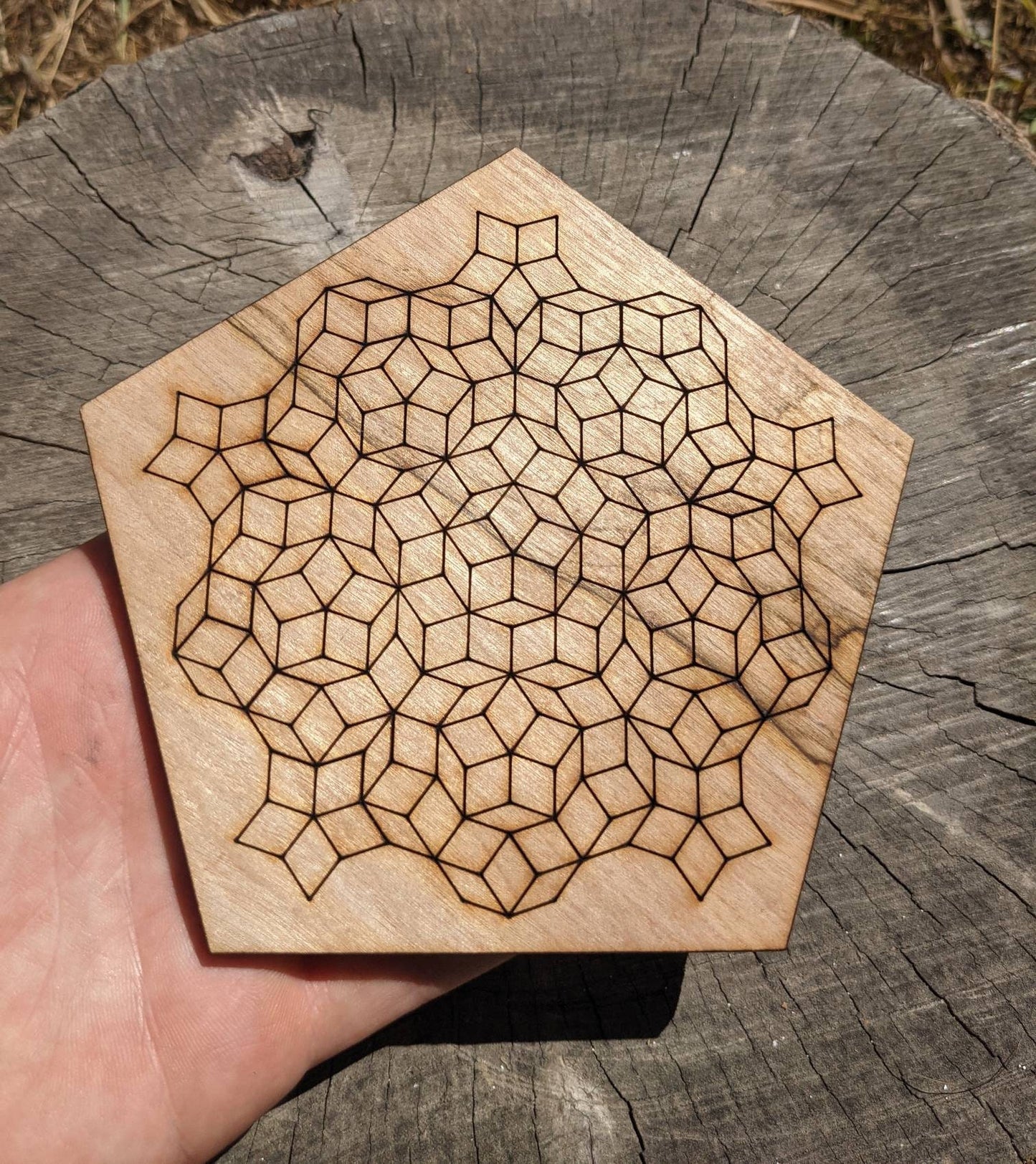 Pentagonal Penrose Tile Set Reclaimed Wood Laser Engraved and Cut Wall Art or Crystal Grid