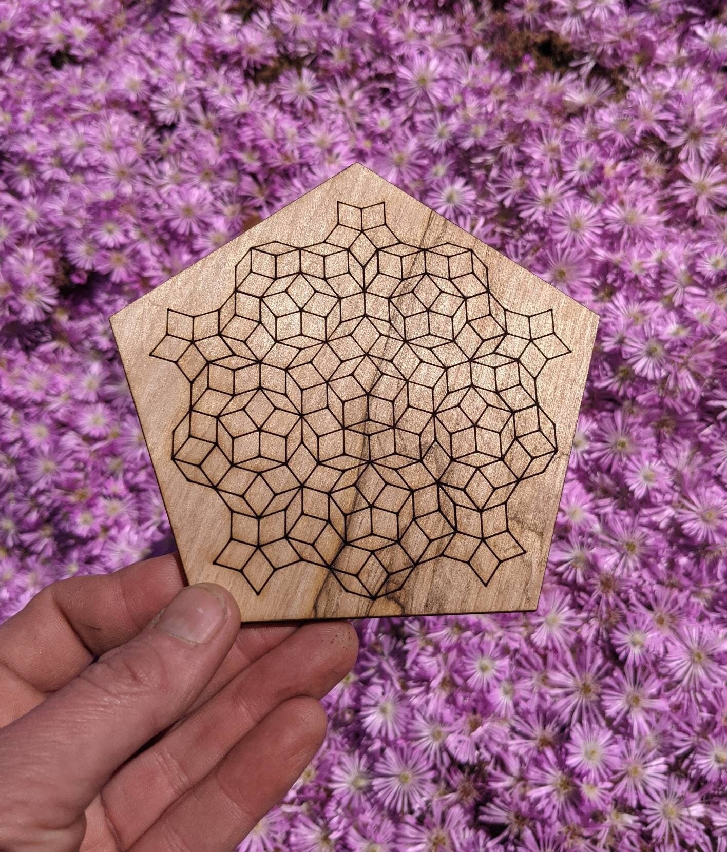 Pentagonal Penrose Tile Set Reclaimed Wood Laser Engraved and Cut Wall Art or Crystal Grid