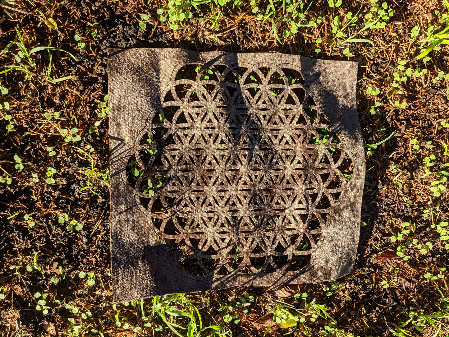 Flower Of Life Altar Cloth or Wall-Hanging in LaserCut Upcycled Earthy Upholstery Fabric - Sacred Geometry Crystal Grid