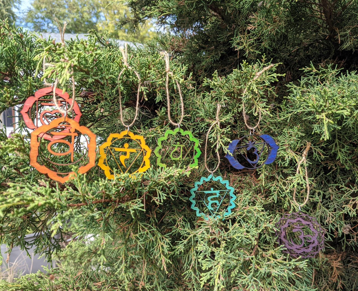 Rainbow Chakra Ornament Set in Lasercut Hand Stained Poplar Ply