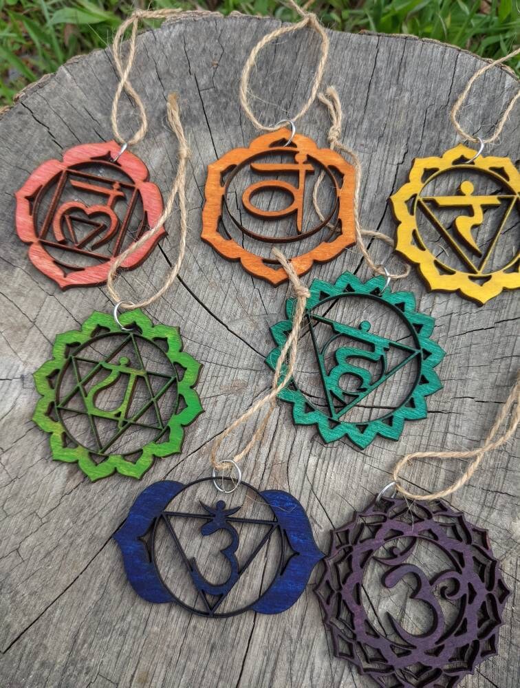 Rainbow Chakra Ornament Set in Lasercut Hand Stained Poplar Ply