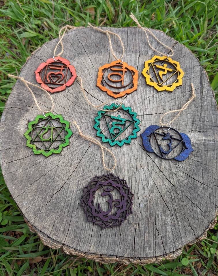 Rainbow Chakra Ornament Set in Lasercut Hand Stained Poplar Ply