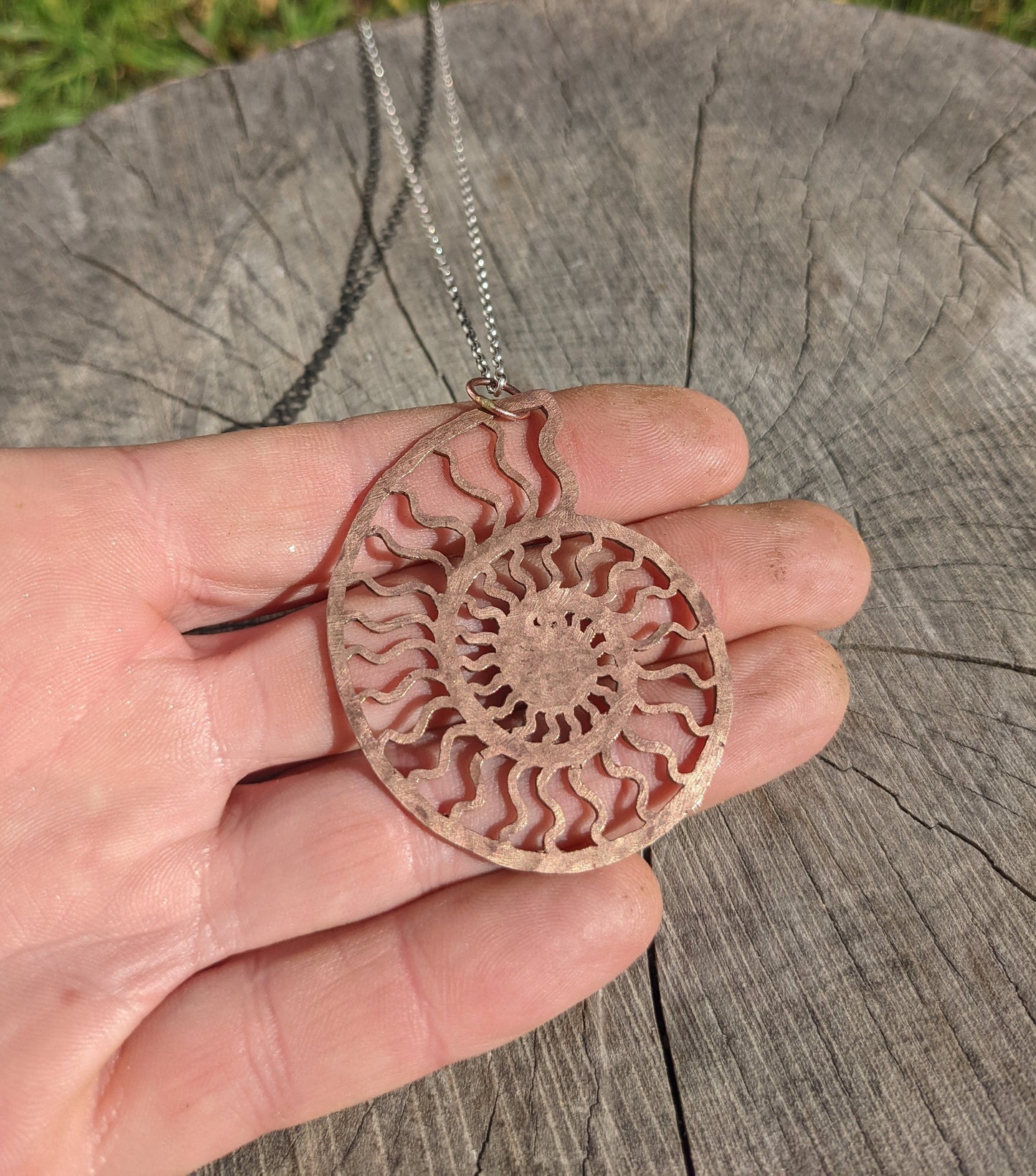 Ammonite Pendant in Bronze with Silver Chain - Nautilus Fossil Seashell Necklace Hand Hammered Jewelry