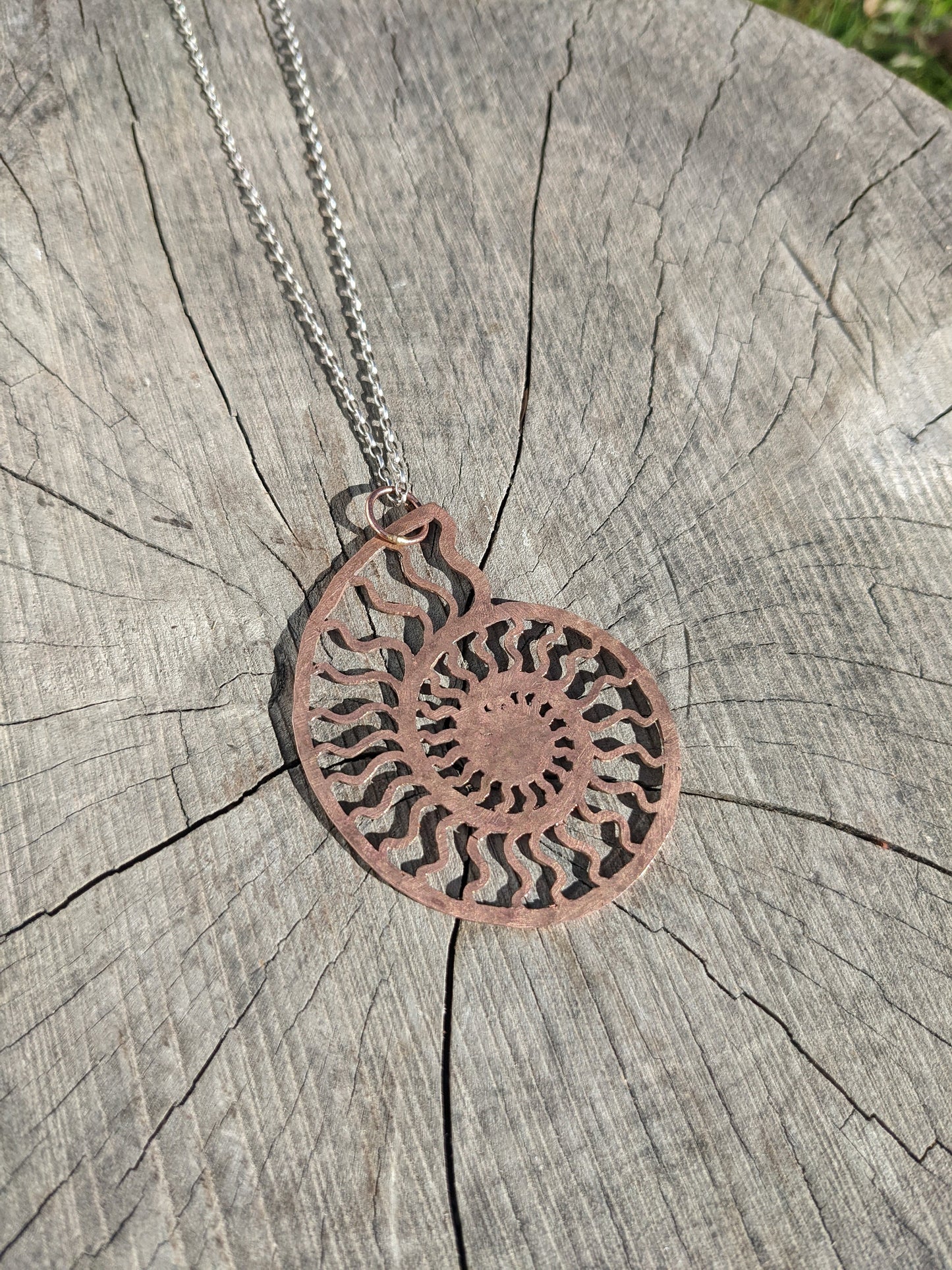 SALE - Ammonite Pendant in Bronze with Silver Chain - Nautilus Fossil Seashell Necklace Hand Hammered Jewelry