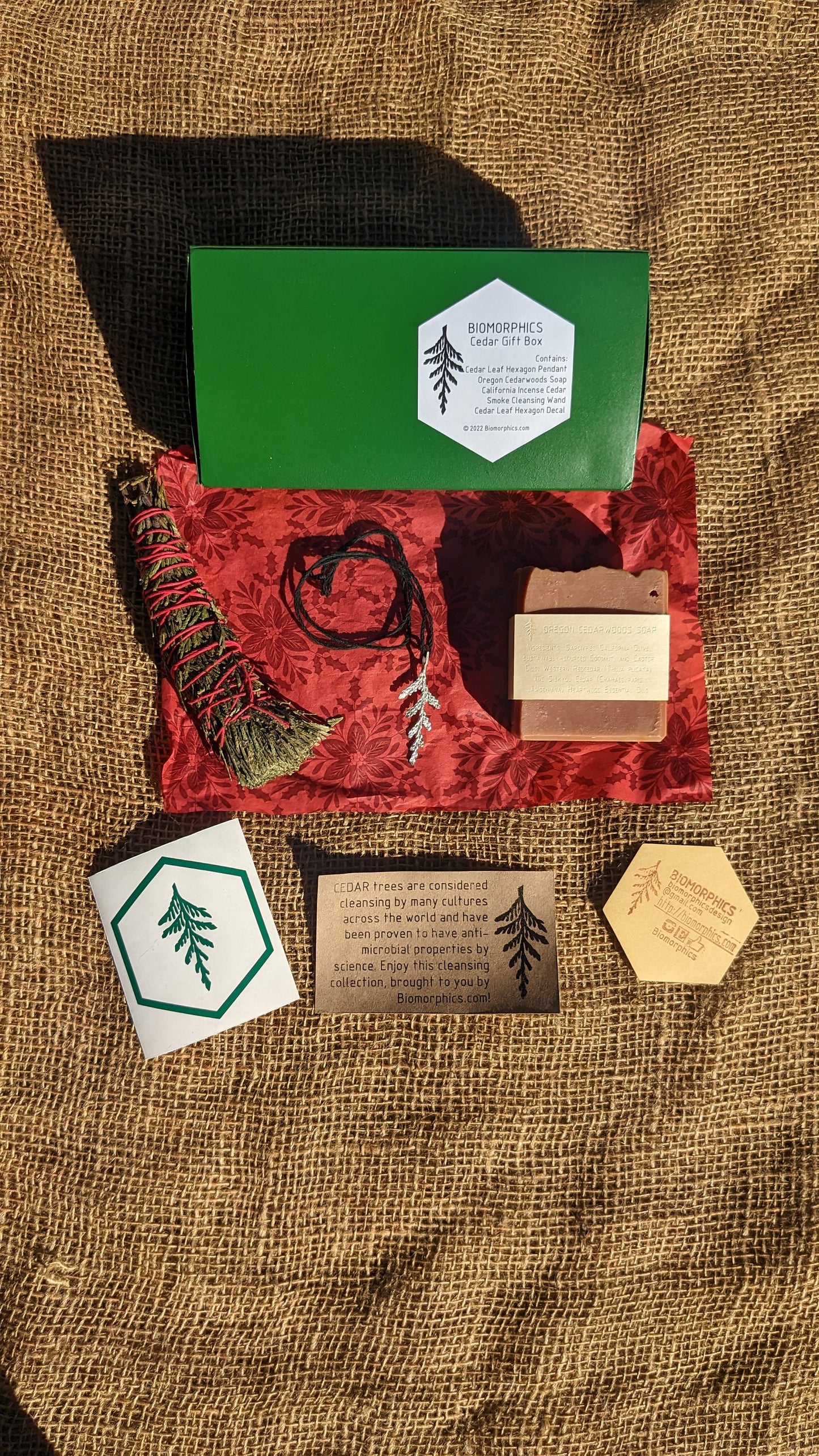 Cedar Gift Box - Includes Cast Cedar Leaf Pendant, Oregon Cedarwoods Soap, Cedar Smoke Cleansing Wand, and Cedar Leaf Hexagon Decal