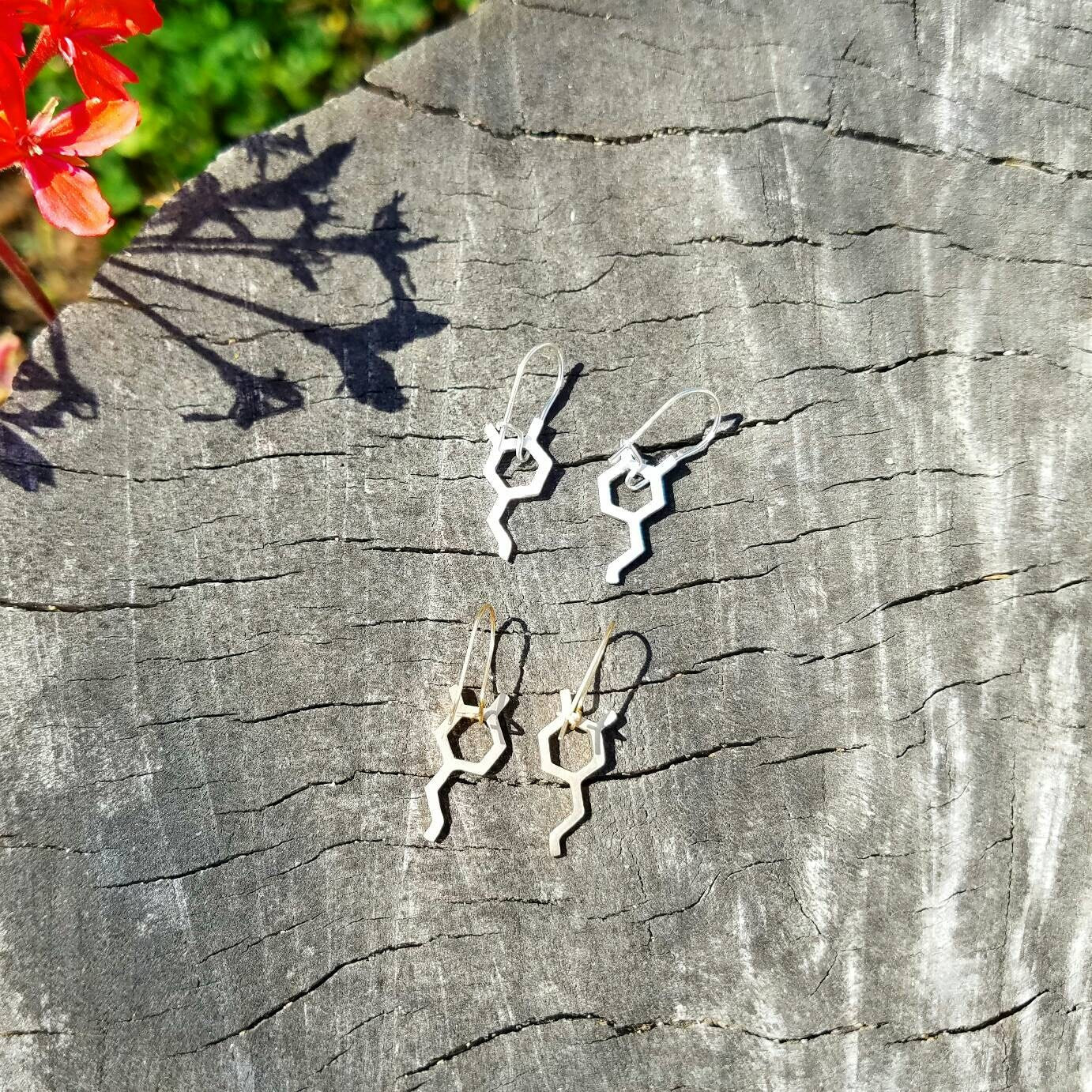 SALE - Dopamine Molecule Dangle Earrings in Recycled Silver or Gold