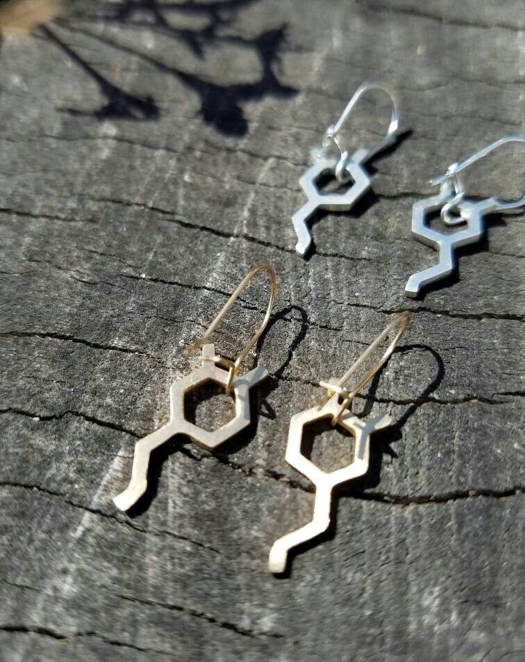 SALE - Dopamine Molecule Dangle Earrings in Recycled Silver or Gold